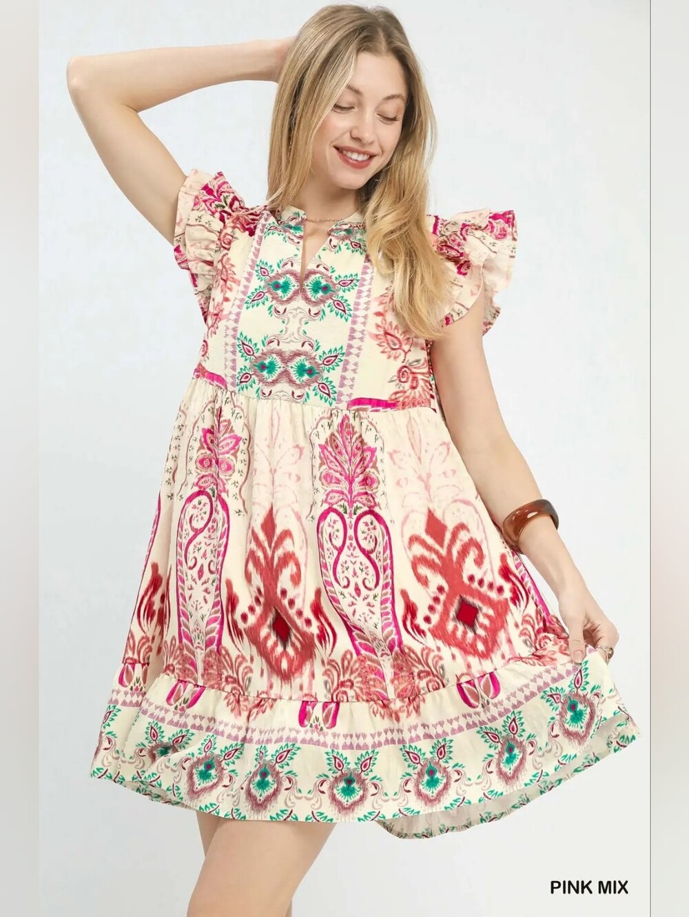 Umgee Mix Ruffle Sleeve Boho Print Dress